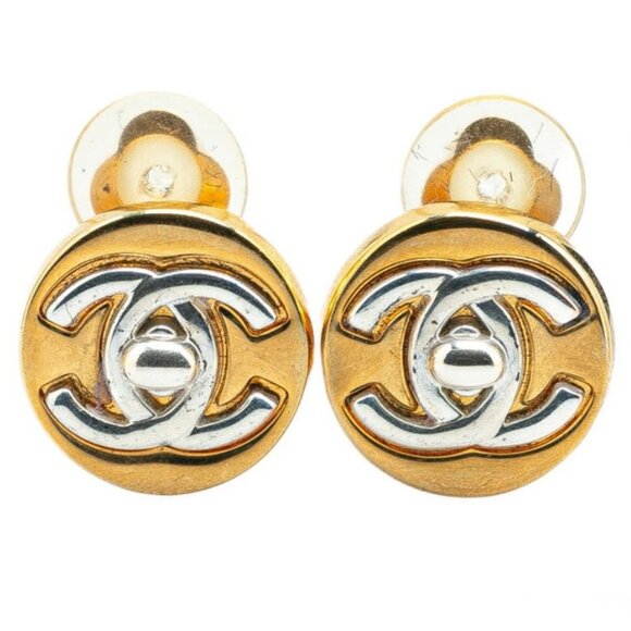 CHANEL CC Logo Turnlock Round Clip-On Earrings Gold Tone 97A Auth w/Box #3456 - Picture 1 of 5